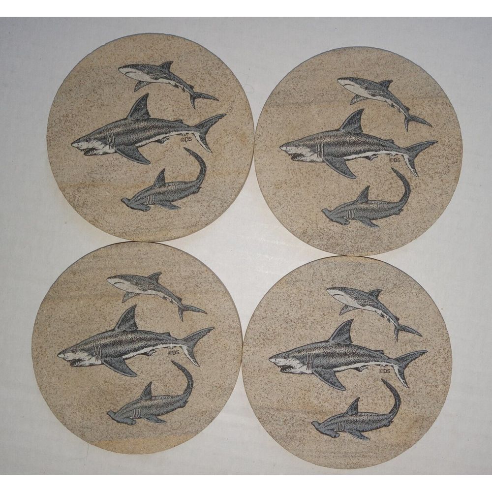 Thirstystone Shark Coasters (4)‎ With Wooden Holder